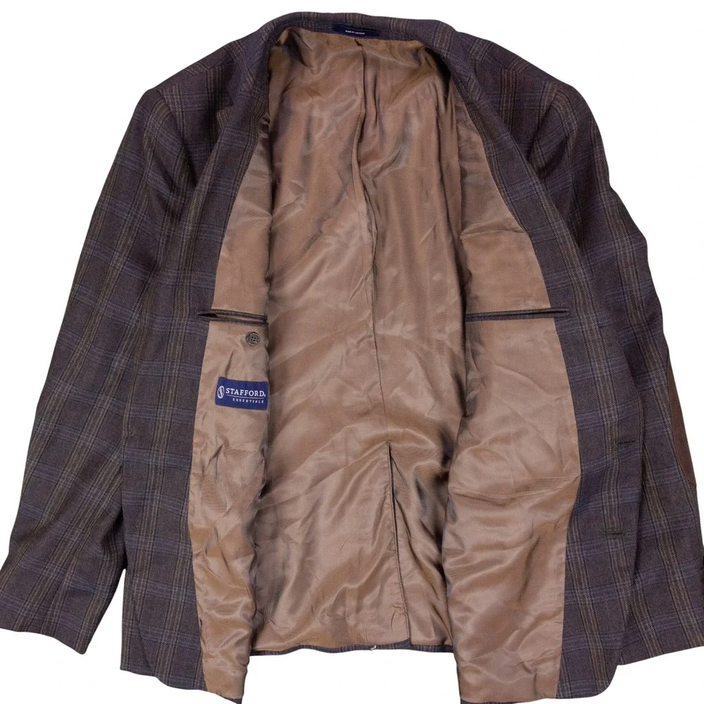 Stafford Sport Coat Blazer Mens 42R Slim Fit Brown Plaid Suede Elbow Patches